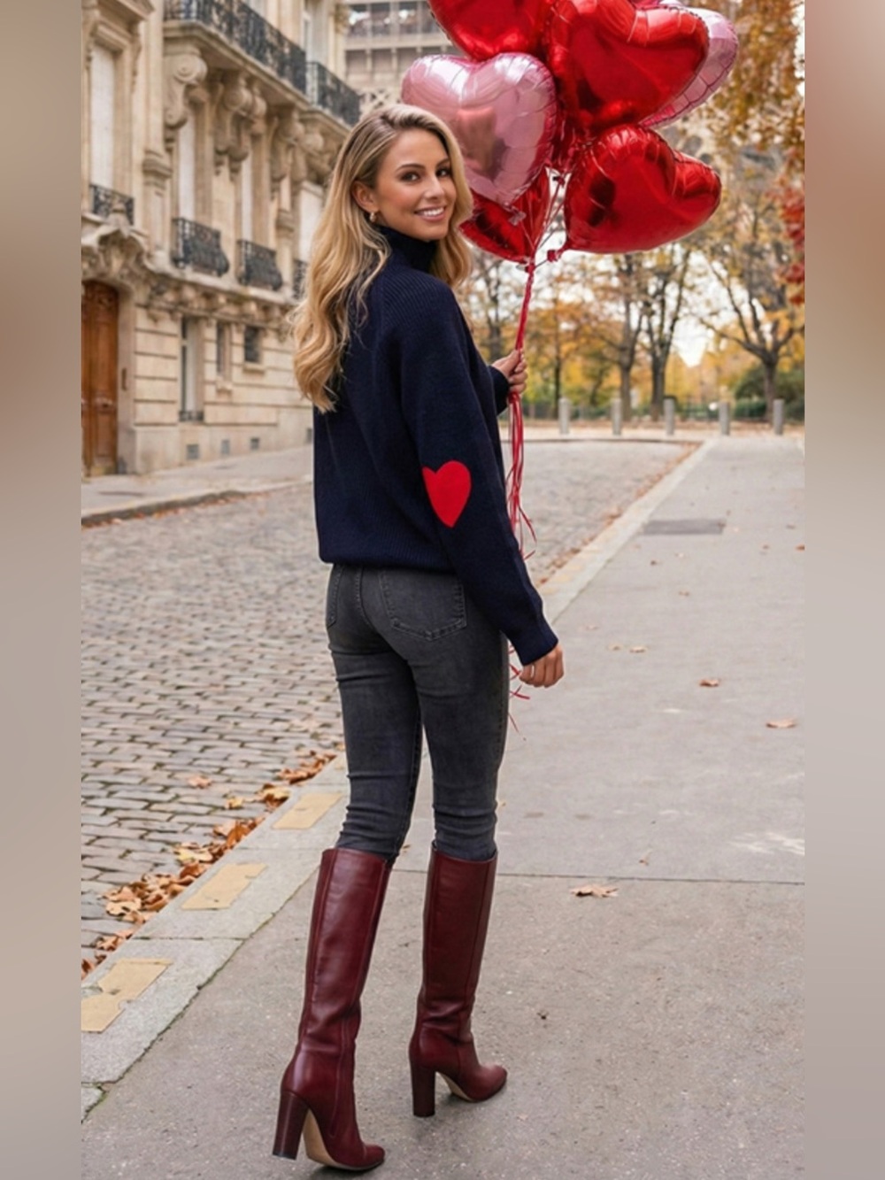 CHICWISH: Navy Blue Mock Neck Sweater: Read Heart Elbow Patches